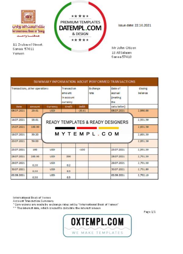 editable template, Yemen International bank statement template in .xls and .pdf file format