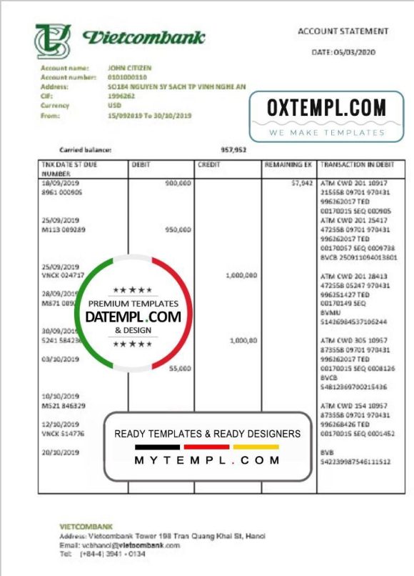 editable template, Vietnam Vietcombank proof of address statement template in Word and PDF format, .doc and .pdf format