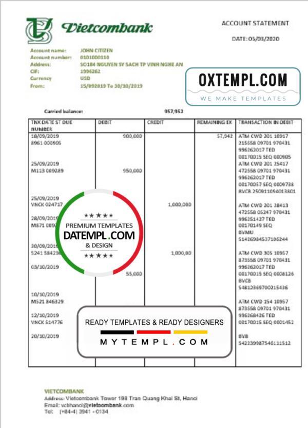 editable template, Vietnam Vietcombank proof of address statement template in Word and PDF format, .doc and .pdf format