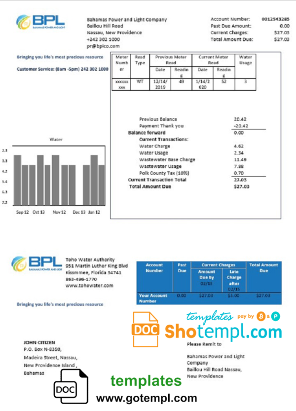 editable template, Bahamas Power and Light Company utility bill template in Word and PDF format