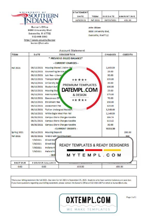 editable template, USA University of Southern Indiana account billing statement template in Excel and PDF (.xls and .pdf file) format