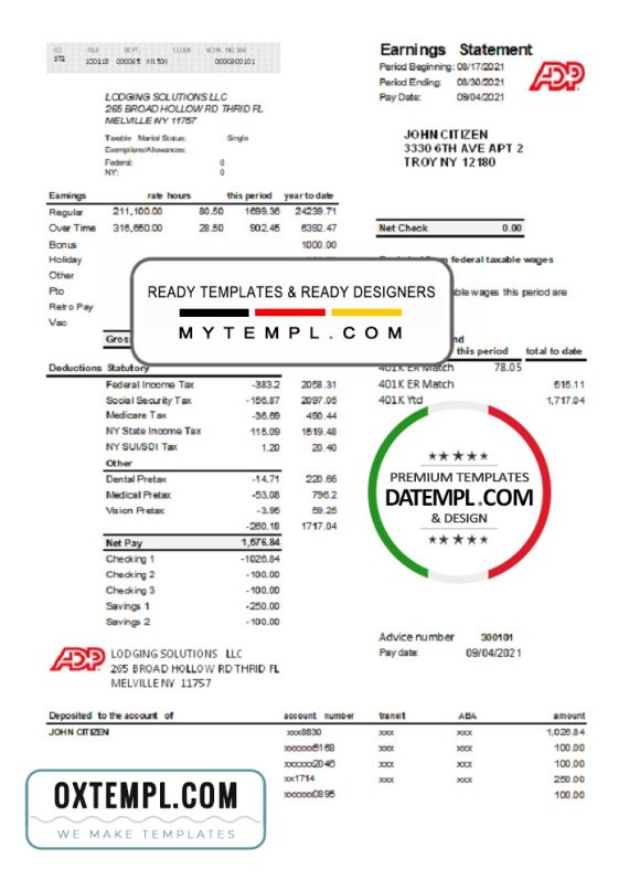 editable template, USA ADP business corporate earnings statement template in .xls and .pdf file format