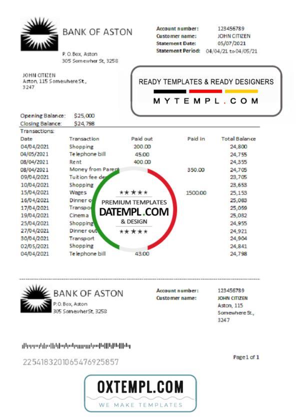 editable template, United Kingdom Bank of Aston bank statement easy to fill template in Excel and PDF format