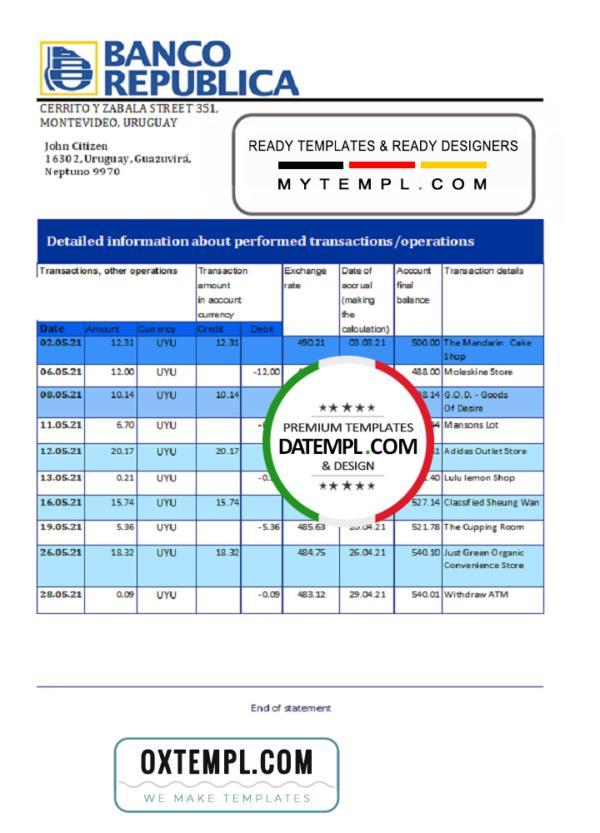 editable template, Uruguay Banco de la República Oriental del Uruguay bank statement template in Excel and PDF format, good for address prove