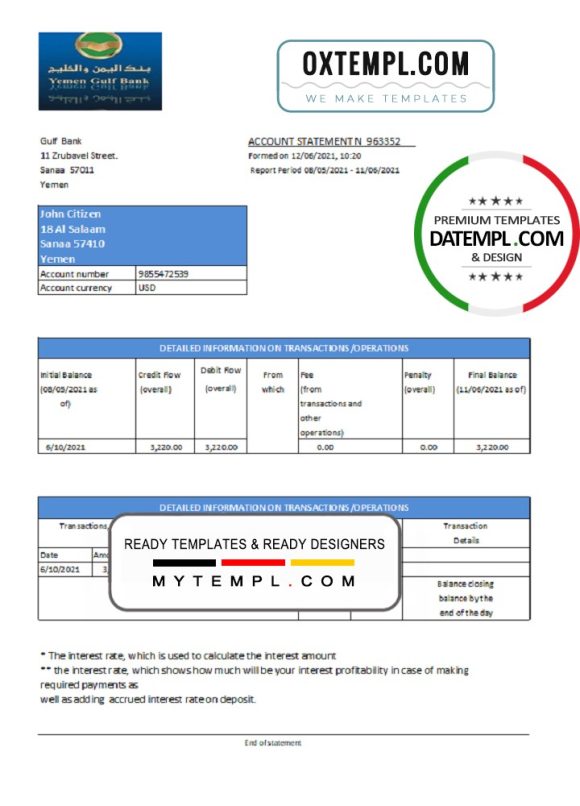 editable template, Yemen Gulf Bank statement template in Excel and PDF format