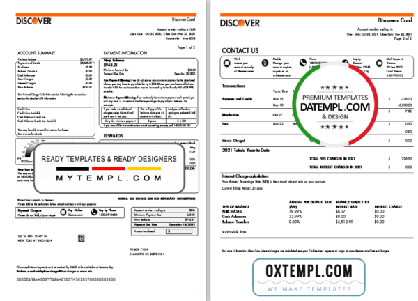 editable template, USA Discover bank credit card statement template in Word and PDF format (2 pages)