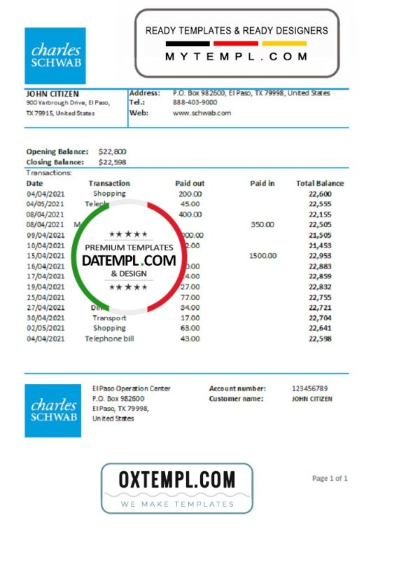 editable template, USA Charles Schwab & Co bank statement easy to fill template in .xls and .pdf file format