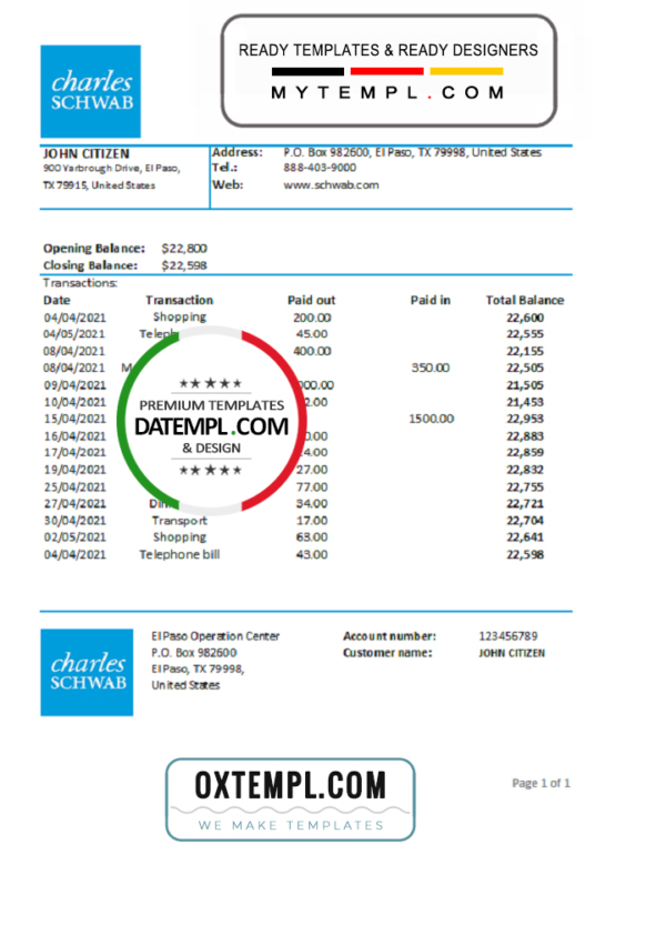 editable template, USA Charles Schwab & Co bank statement easy to fill template in .xls and .pdf file format