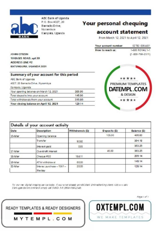 editable template, Uganda ABC Bank of Uganda bank statement template in Excel and PDF format