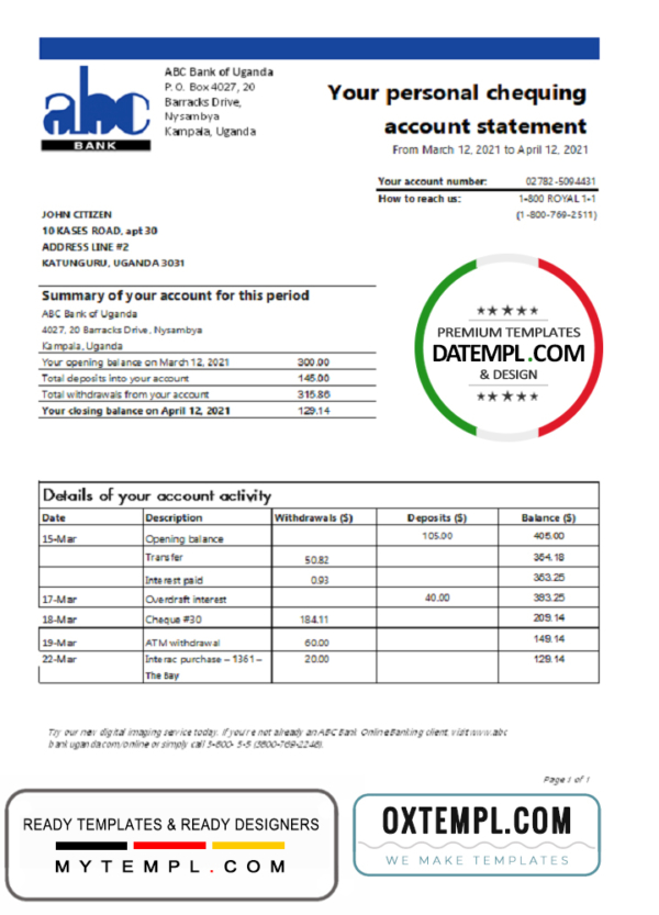 editable template, Uganda ABC Bank of Uganda bank statement template in Excel and PDF format