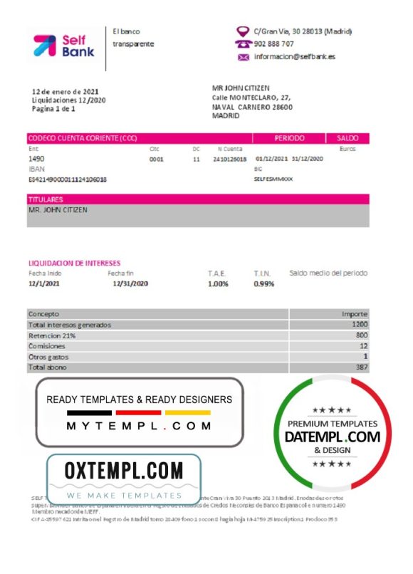 editable template, Spain Self Bank proof of address statement template in Excel and PDF format, .xls and .pdf format