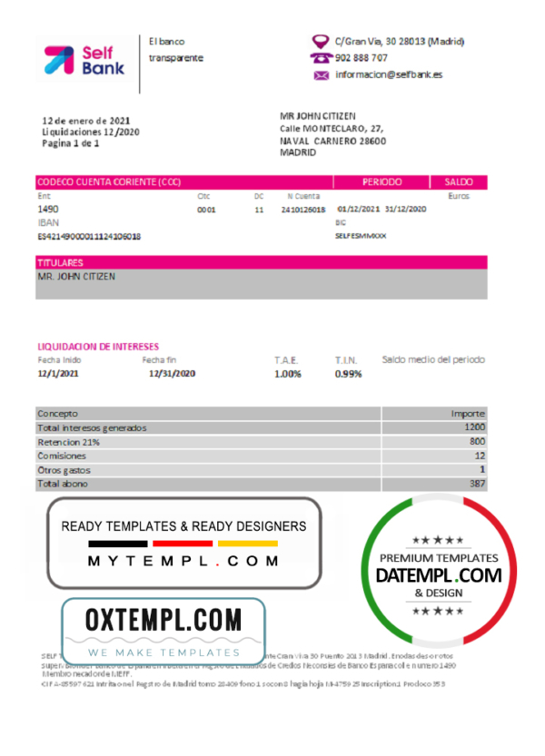 editable template, Spain Self Bank proof of address statement template in Excel and PDF format, .xls and .pdf format