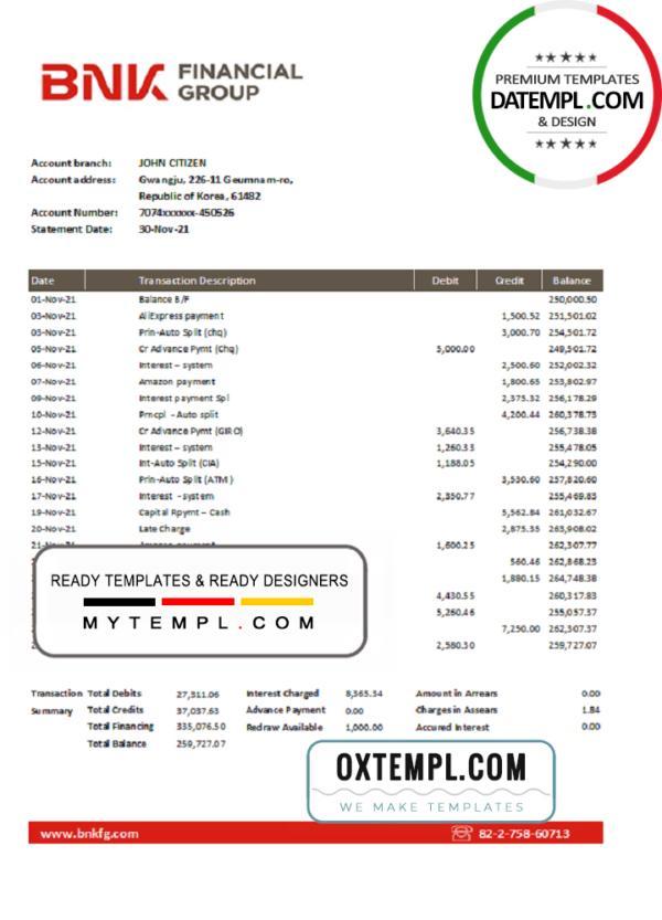 editable template, South Korea BNK bank statement easy to fill template in Excel and PDF format