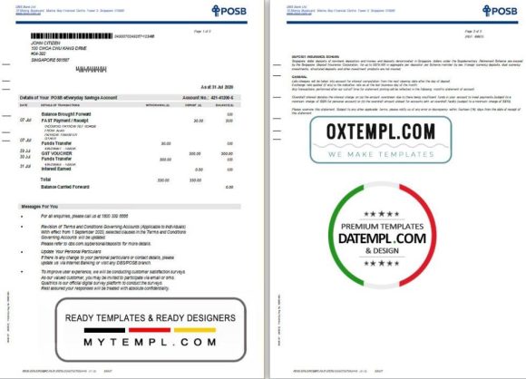 editable template, Singapore DBS Bank statement template in Excel and PDF format (2 pages)