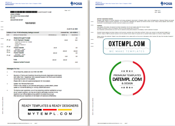 editable template, Singapore DBS Bank statement template in Excel and PDF format (2 pages)