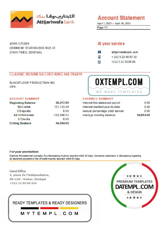 editable template, Senegal Attijariwafa Bank statement easy to fill template in Excel and PDF format