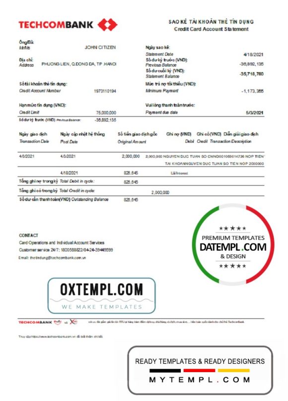 editable template, Vietnam Techcombank bank statement easy to fill template in Excel and PDF format