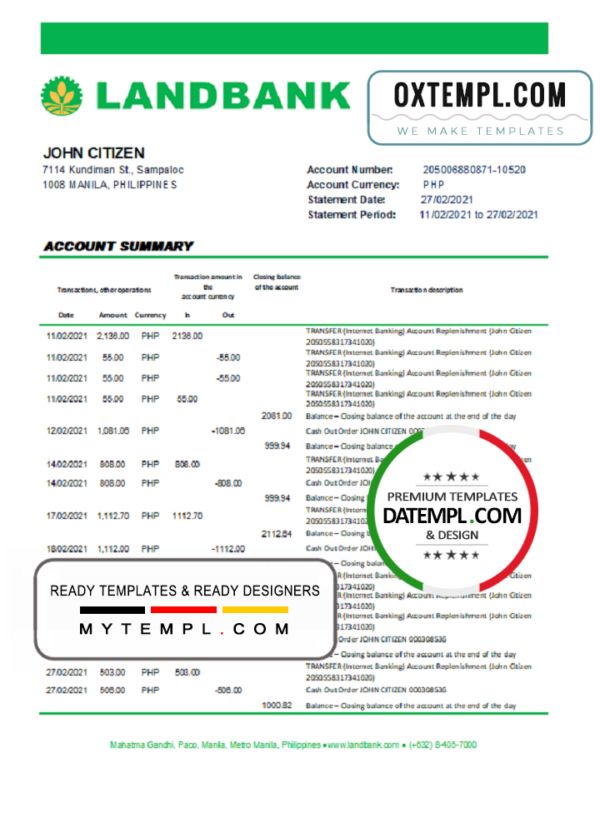editable template, Philippines Land Bank of the Philippines bank statement easy to fill template in Excel and PDF format