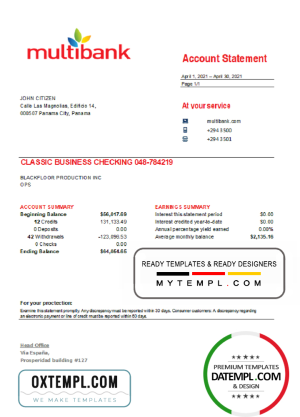 editable template, Panama Multibank bank statement easy to fill template in .xls and .pdf file format
