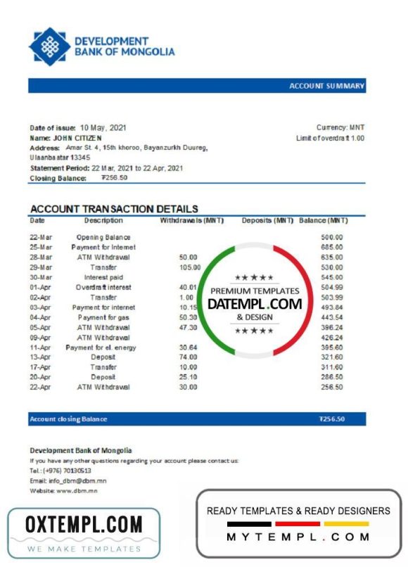 editable template, Mongolia Development Bank of Mongolia bank statement template in Word and PDF format