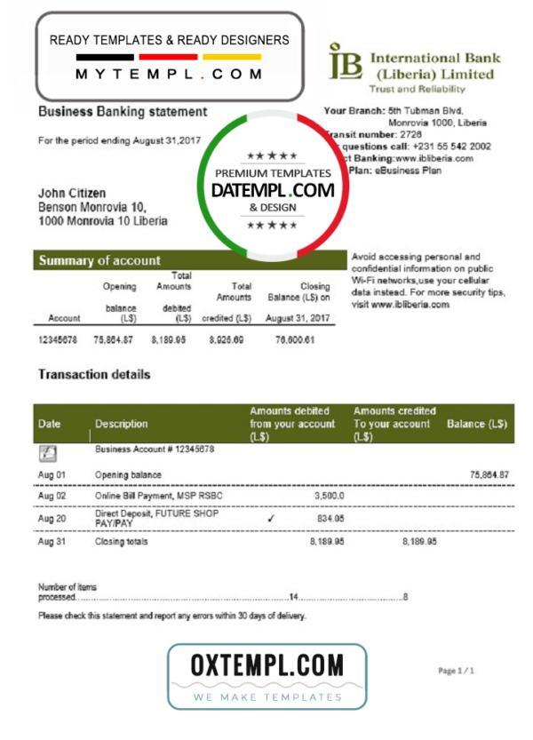editable template, Liberia IB International Bank proof of address statement template in Word and PDF format