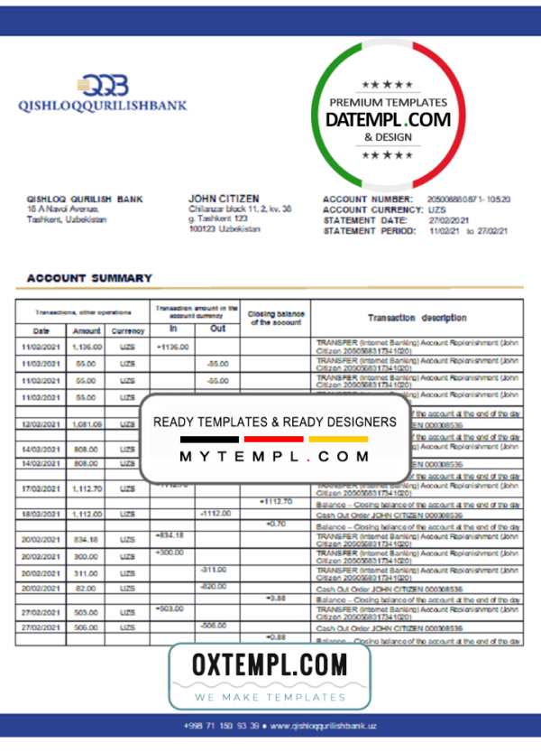 editable template, Uzbekistan Qishloq Qurilish Bank statement template in Word and PDF format