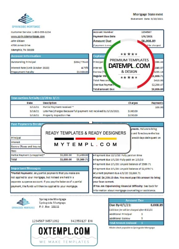 editable template, USA Springside Mortgage bank statement template in Word and PDF format
