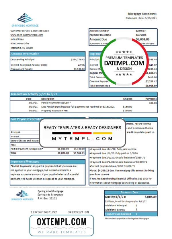editable template, USA Springside Mortgage bank statement template in Word and PDF format