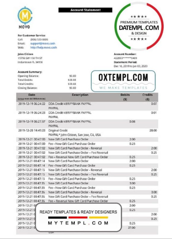 editable template, USA MOVO bank statement template in Word and PDF format, good for address prove