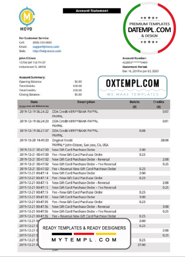 editable template, USA MOVO bank statement template in Word and PDF format, good for address prove