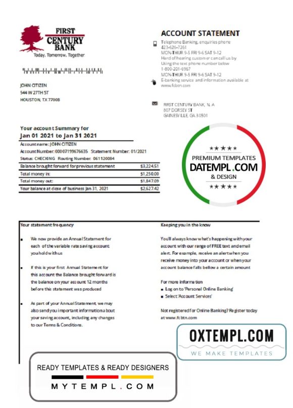 editable template, USA Georgia Gainesville First century bank statement template in .xls and .pdf file format