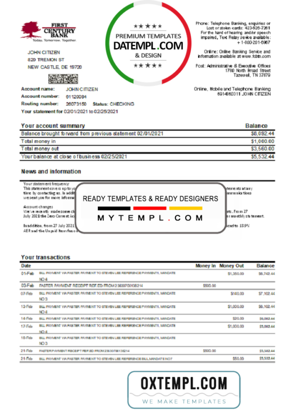 editable template, USA First Century Bank statement easy to fill template in Excel and PDF format