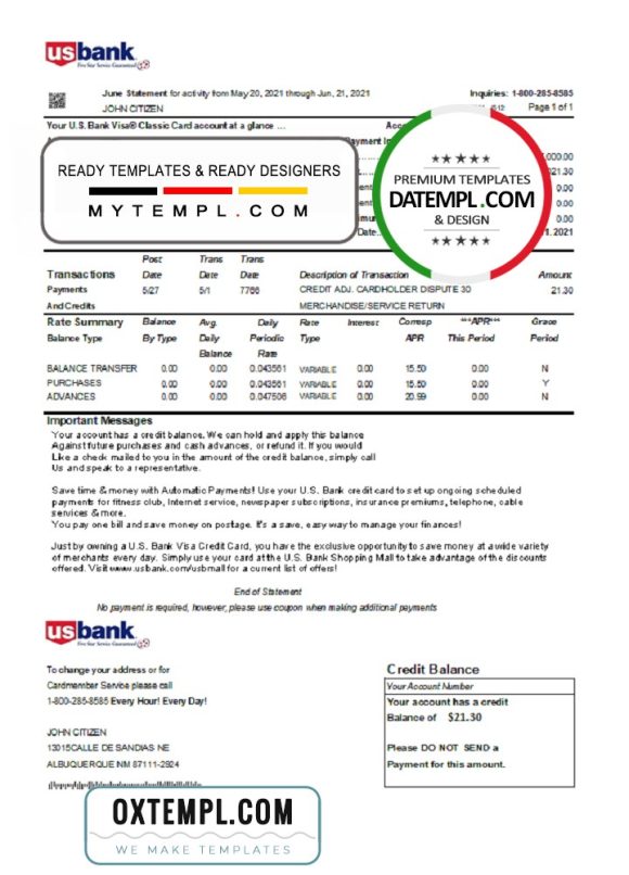 editable template, USA U.S. bank credit card statement template in Excel and PDF file format