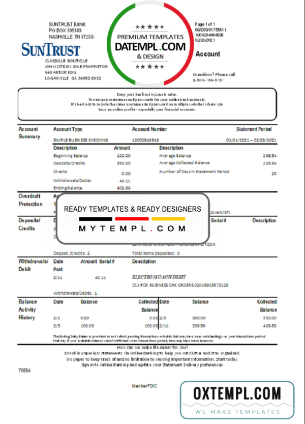 editable template, USA Georgia SunTrust bank statement template in Excel and PDF format