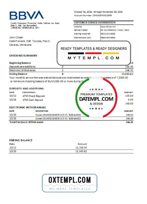 editable template, Venezuela BBVA bank statement easy to fill template in .xls and .pdf file format