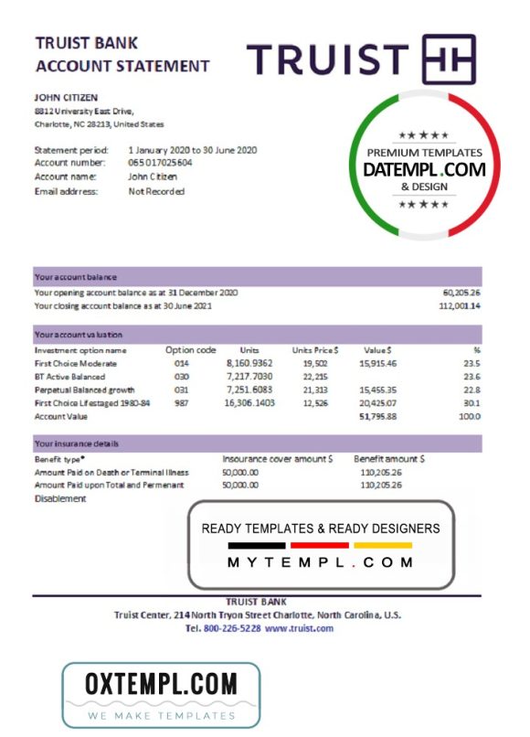editable template, USA Truist Bank statement template in .xls and .pdf file format