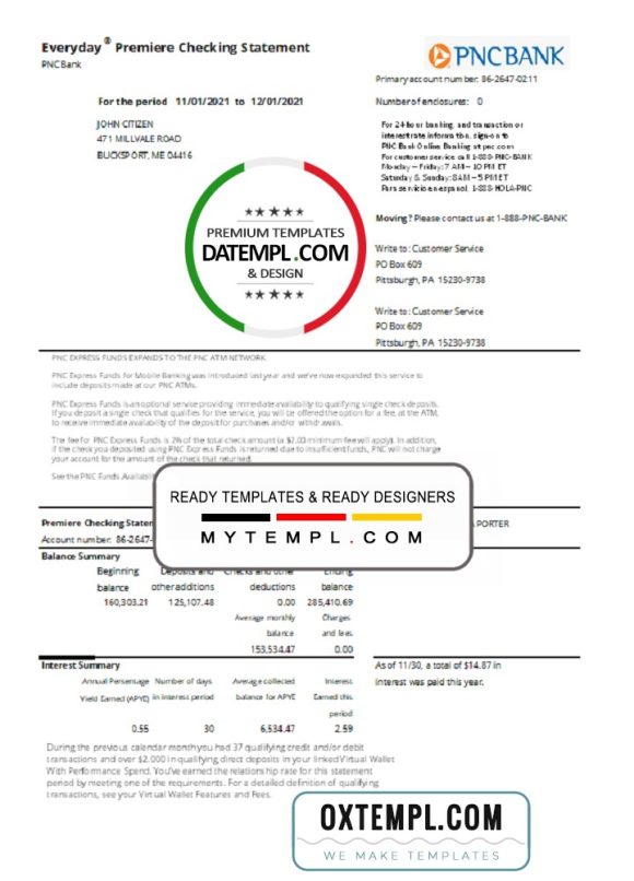 editable template, USA PNC bank statement template in .xls and .pdf file format