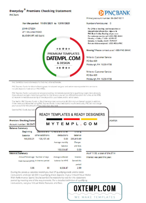 editable template, USA PNC bank statement template in .xls and .pdf file format