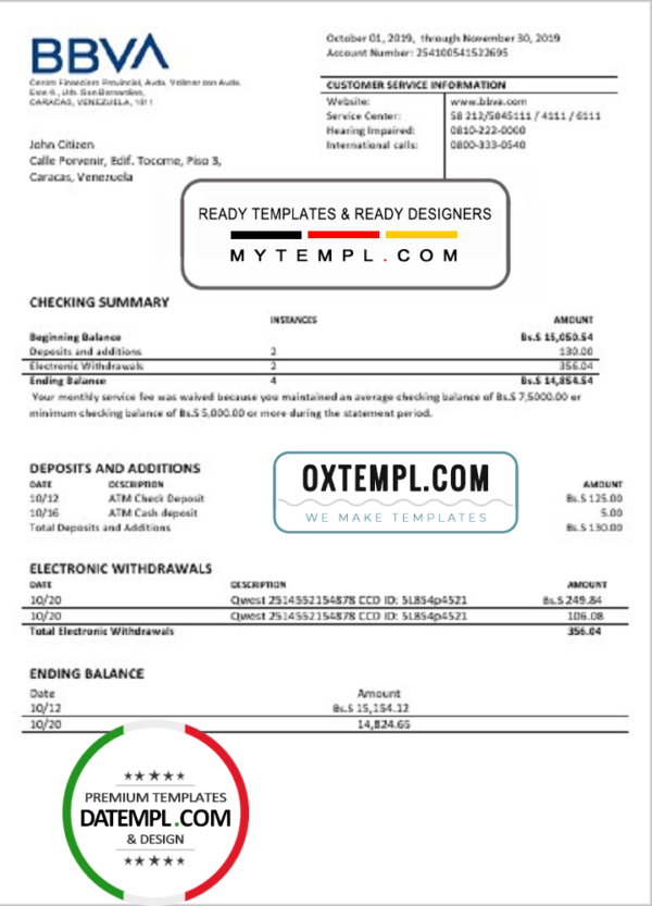 editable template, Venezuela BBVA bank proof of address statement template in Word and PDF format (.doc and .pdf)