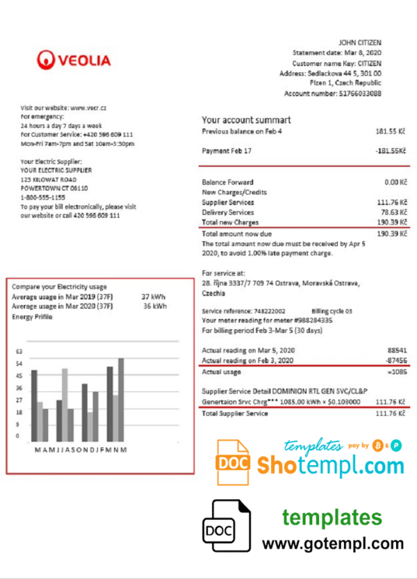 editable template, Czechia Veolia Energy Czech Republic energy utility bill template in Word and PDF format