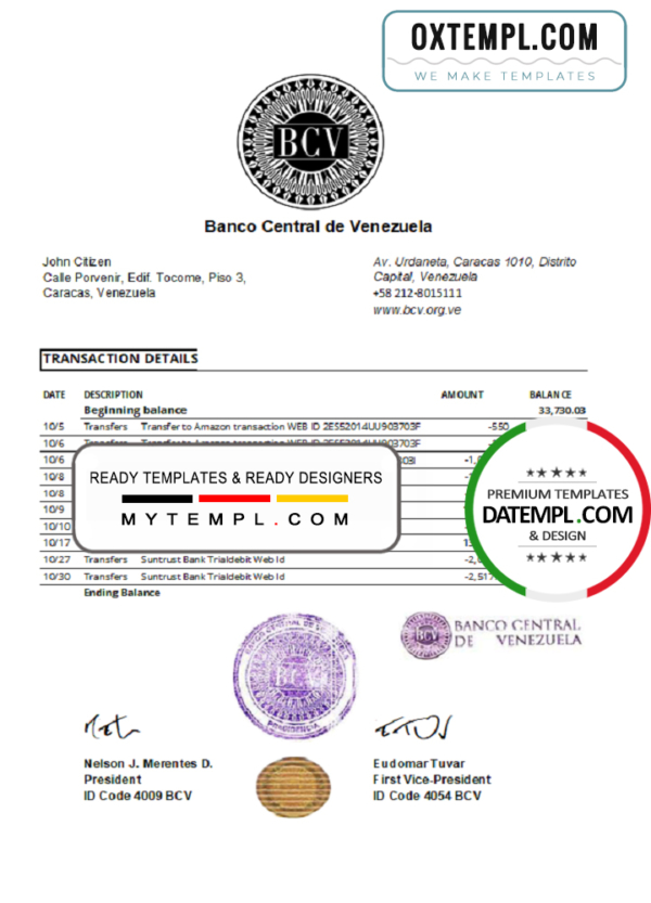 editable template, Venezuela Banco Central de Venezuela bank statement easy to fill template in Excel and PDF format