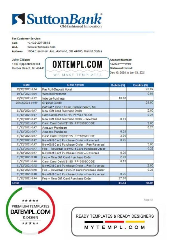 editable template, USA Ohio Sutton Bank statement template in .xls and .pdf file format