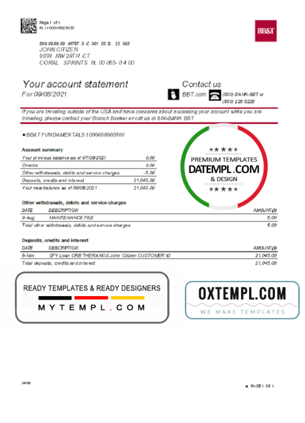 editable template, USA North Carolina BB&T Corp. bank account statement template in Word and PDF format