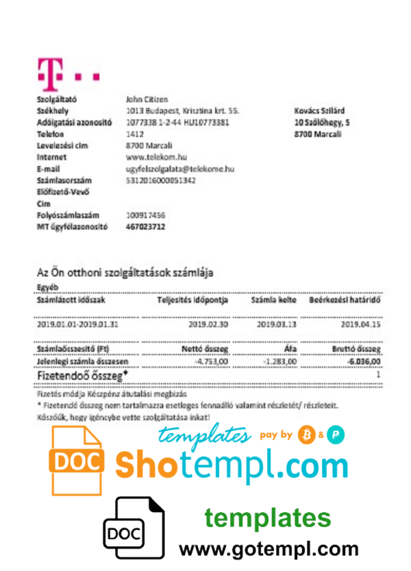 editable template, Hungary Magyartel utility bill template in Word and PDF format, fully editable