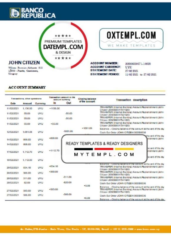 editable template, Uruguay Banco De La Republica Oriental Del Uruguay bank statement template in .doc and .pdf format
