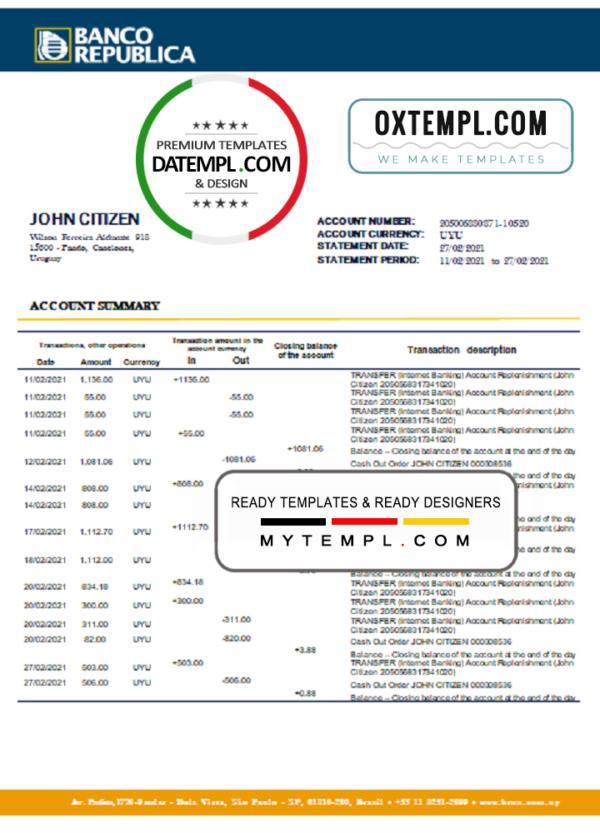 editable template, Uruguay Banco De La Republica Oriental Del Uruguay bank statement template in .doc and .pdf format