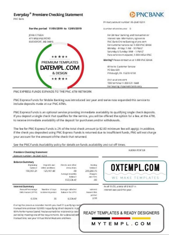 editable template, USA PNC bank proof of address statement template in Word and PDF format
