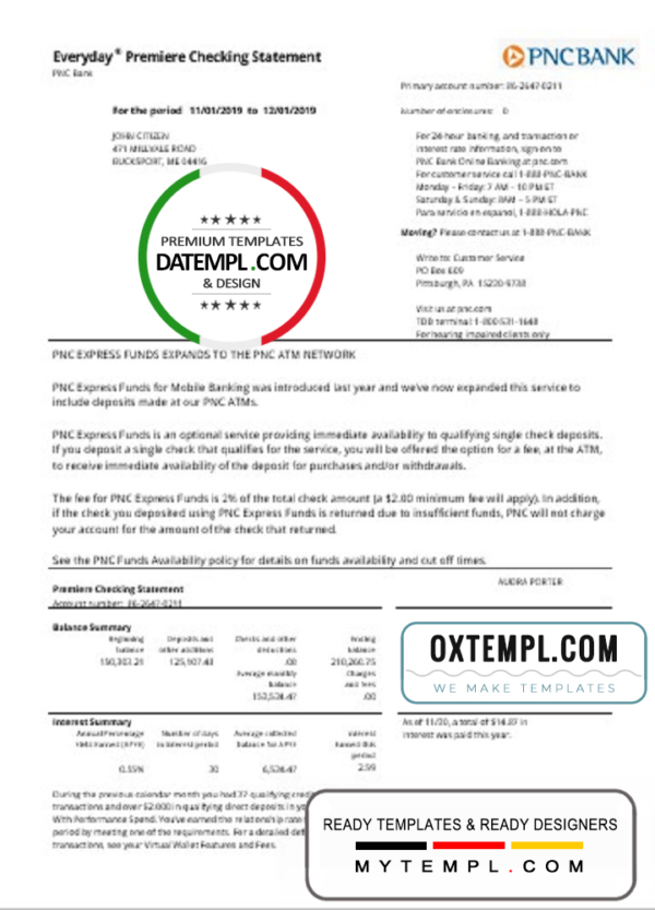 editable template, USA PNC bank proof of address statement template in Word and PDF format