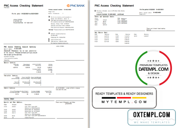 editable template, USA PNC bank statement template in Word and PDF format, 2 pages