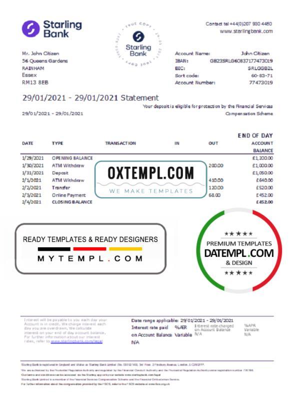 editable template, United Kingdom Starling bank statement template in .xls and .pdf file format, good for address prove